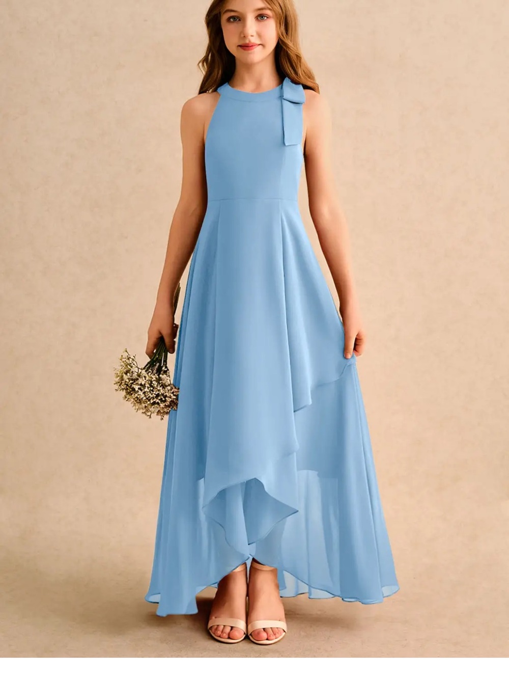 Girls' Sky Blue Sleeveless High-Low Formal Dress with Bow